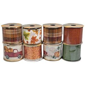 Set Of 8 Piece Fall Mix Wire Edge Craft Ribbon 9ft x 2.5in/ Roll & Bows T-giving